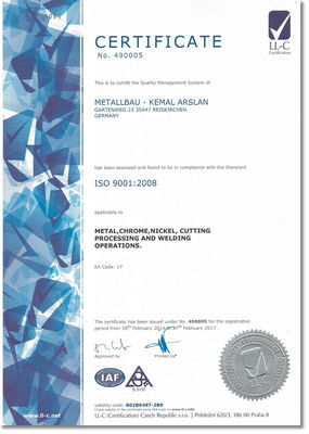 Metallbau Arslan - ISO 9001 Zertifikat